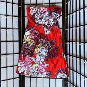 Red Floral Strapless Dress Anthropologie